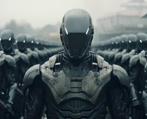 A futuristic armored figure with a sleek helmet stands at the forefront of a large formation of similar robotic soldiers in a misty outdoor setting.
