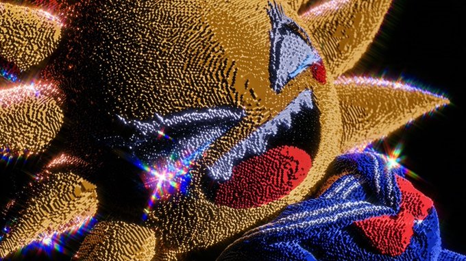 A heavily stylized, distorted close-up image with vibrant gold, blue, and red textures, featuring prominent star-shaped lens flares across the composition.