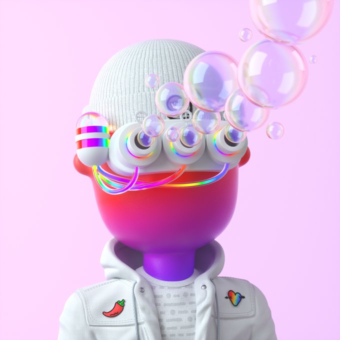 A 3D render of a stylized character with a bright pink face wearing a white beanie and jacket, featuring multiple googly-eye-like devices emitting colorful bubbles, set against a pastel pink background.