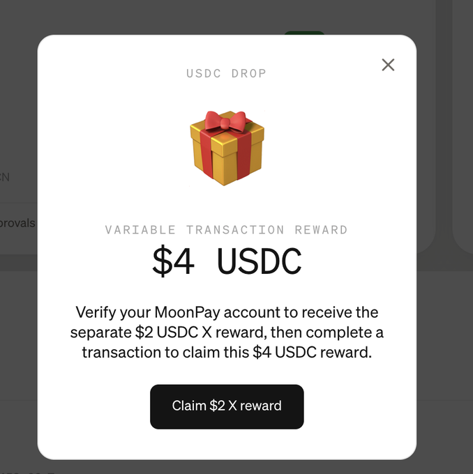 A "USDC DROP" popup modal shows a variable transaction reward of "$4 USDC," prompting users to verify their MoonPay account for a separate $2 USDC X reward, likely related to the promotional offer shared in the post encouraging quick sign-ups via the Paybox dashboard.