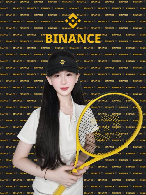 The image features a woman holding a tennis racket, with her hair styled in long braids. She is wearing a white shirt and hat while posing for the picture. The background of the photo has a black and yellow patterned wall that includes the word "BINANCE" written on it multiple times. This suggests that the image might be related to or promoting an event, product, or service associated with BINANCE.