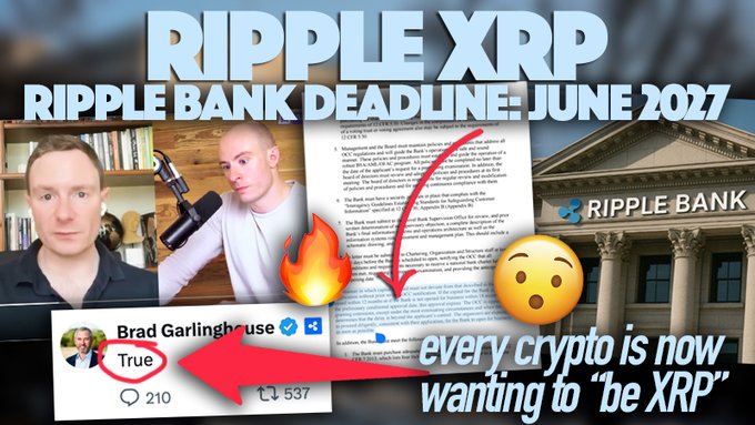 The image features a man holding a microphone, with a document titled "Ripple XRP Ripple Bank Deadline: June 27" written above him. The text also includes an image of a man's face and a flame symbolizing fire. The caption reads, "There'S a deadline on Ripple 's bank application. They HAVE to deliver by June  27 It'S also looking like every other crypto wants to be XRP now... youtu.be/mn91-ZI371g".