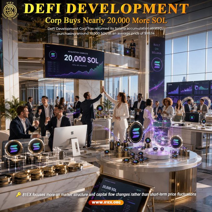 The image is a promotional graphic from 81EX featuring a celebratory office scene with people cheering as a digital screen displays "ACQUISITION COMPLETE: 20,000 SOL," highlighting DeFi Development Corp's purchase of around 19,000 SOL at an average price of $98.14 as part of its resumed Solana accumulation strategy.