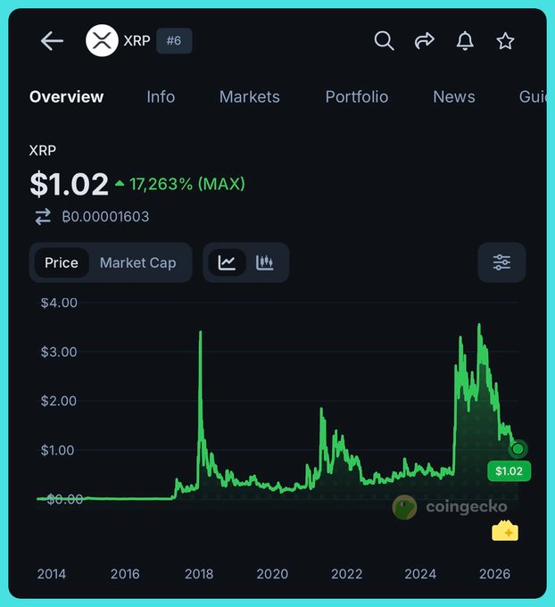 A CoinGecko chart of XRP (#6) showing its price currently at $1.02 with a 17,263% gain from inception, displaying dramatic spikes in 2018 and 2024-2025 that resemble a "double top" or multi-peak rally structure—prompting the question about how chartists would label the repeated blow-off top formations.