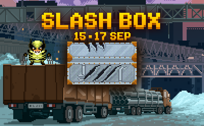 A pixel art promotional graphic titled 'SLASH BOX' dated 15-17 SEP features a green alien character standing on a truck loaded with industrial metal crates.