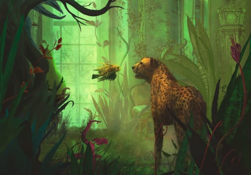 A digital artwork depicting a cheetah standing in a lush, mystical green jungle illuminated by glowing light, facing a small floating bird.