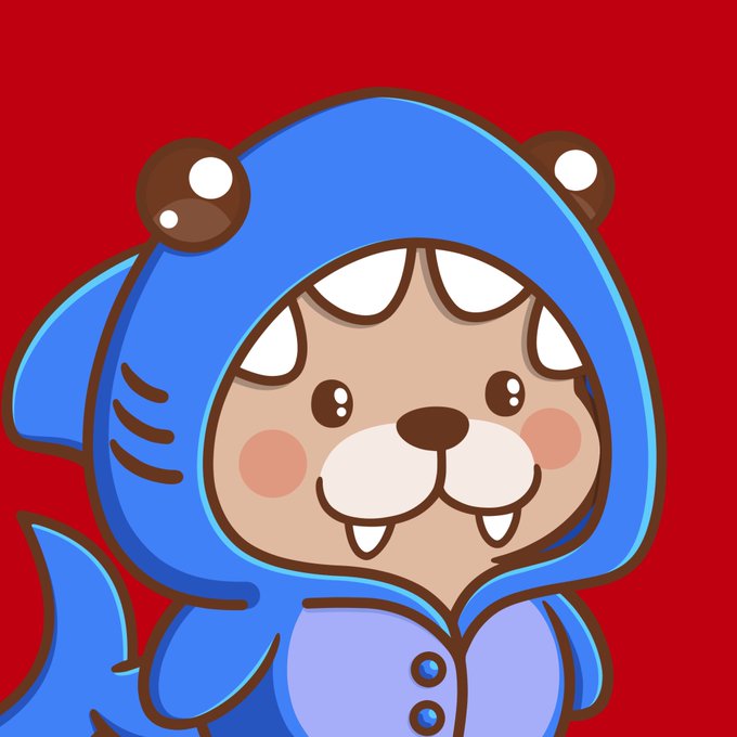 A cartoon illustration of a cute character with bear-like ears wearing a blue shark hoodie with prominent teeth, set against a red background.