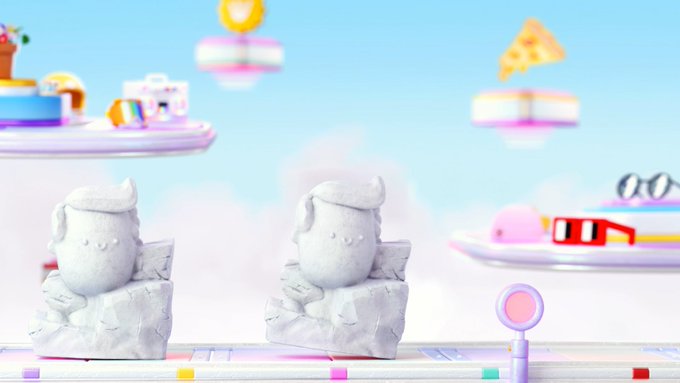 Two gray stone-like character statues sit side by side in a colorful 3D animated scene with floating platforms, a pizza slice, and a whimsical pastel background.