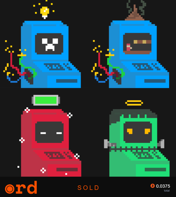 Pixel art display of four retro computer characters (blue with lightbulb, blue with poop hat, red with green screen, green with halo) labeled 'Ord' with a 'SOLD' status and price of 0.0375.