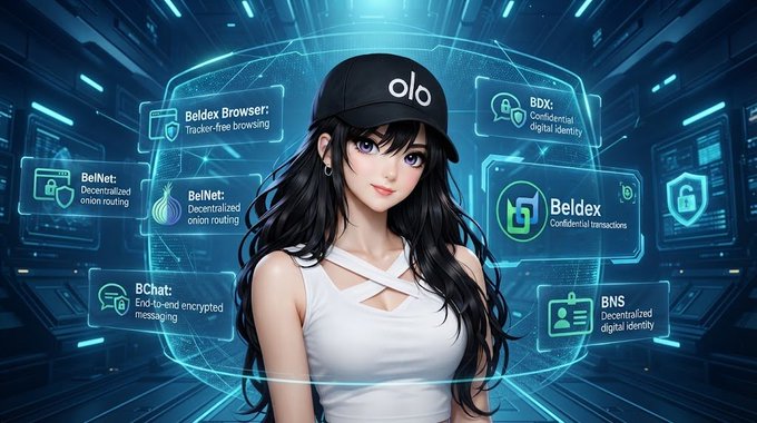 An anime-style digital illustration of a young woman with dark hair wearing a black "olo" cap and white top, surrounded by holographic interface panels displaying "Beldex" products including "Beldex Browser", "BDX: Confidential digital identity", and "BChat".