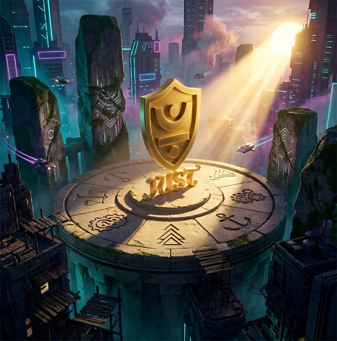 A fantasy digital artwork depicting a golden shield with a logo floating above a circular stone platform inscribed with runes, set in a futuristic cityscape with sunlight streaming through clouds.