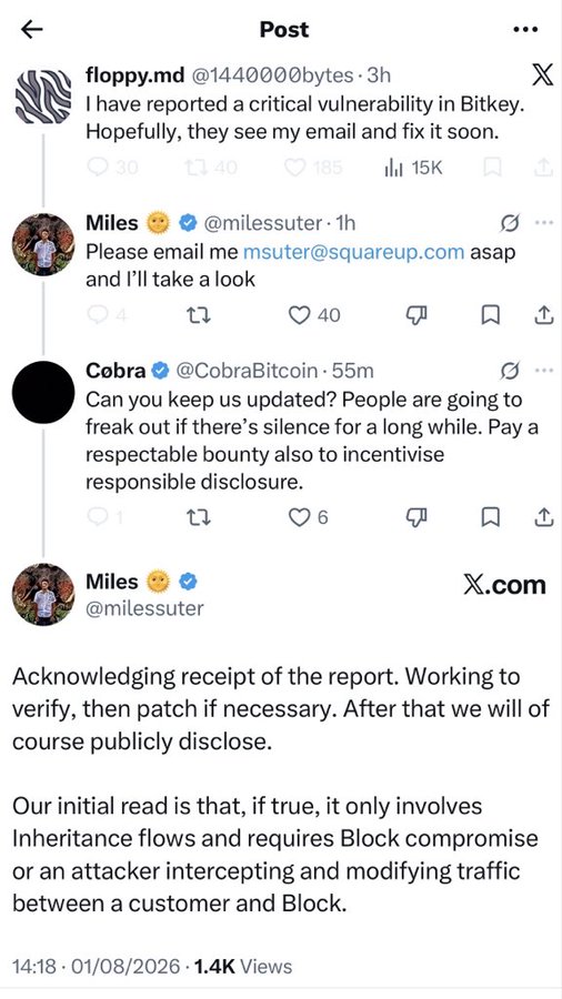 A screenshot of an X (formerly Twitter) thread where user @1440000bytes reports a critical vulnerability in Bitkey, with replies from @milessuter and @CobraBitcoin requesting updates.