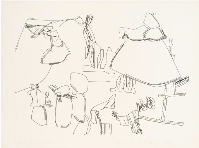 A minimalist black ink line drawing on white paper featuring abstract geometric shapes and what appears to be handwritten text at the bottom.