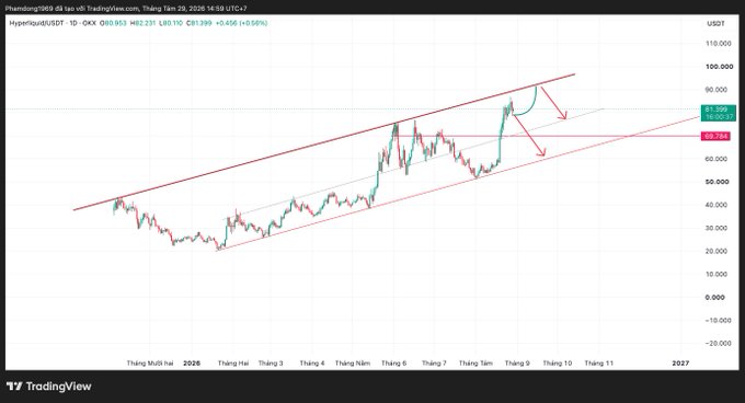 A TradingView chart of the Hyperliquid (HYPE/USDT) cryptocurrency pair showing a rising channel pattern with downward arrows indicating a potential price drop, current price 80.863.