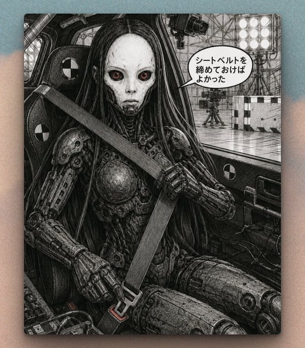 A detailed black-and-white manga-style illustration of a robotic figure with a pale, skull-like face and long dark hair, buckled into a car seatbelt, with Japanese text in a speech bubble reading 'シートベルトを締めておけばよかった' (I wish I had fastened my seatbelt).
