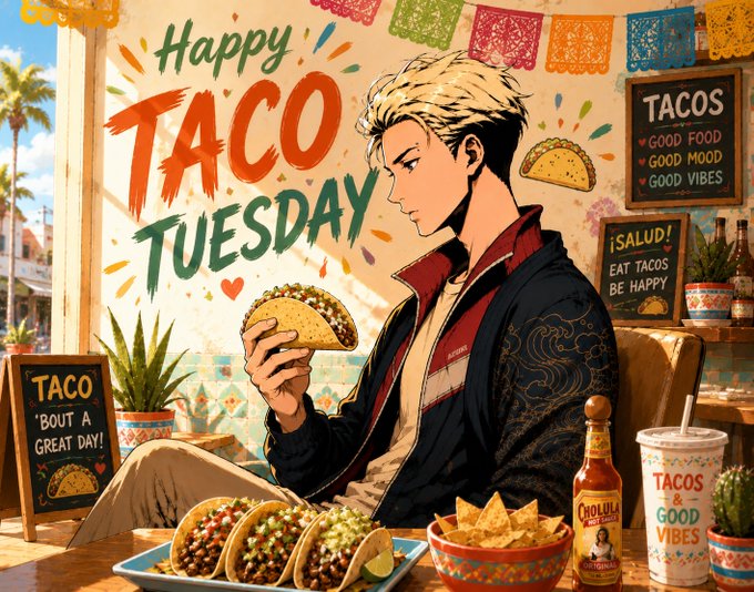 "Happy Taco Tuesday" written above a man eating a taco, with a table full of food including tacos, chips, salsa, and drinks such as beer and soda.