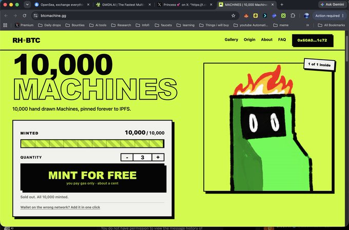 A screenshot of the btcmachine.gg website showing "10,000 MACHINES - 10,000 hand drawn Machines, pinned forever to IPFS," with all 10,000 minted and a "MINT FOR FREE" button displaying a green flame-headed character.