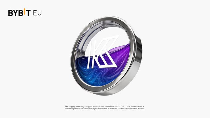 A promotional graphic from Bybit EU featuring a metallic circular emblem with the KII ticker logo displayed against a purple and blue cosmic background, announcing the new listing of KiiChain (KII) token available for spot trading as KII/USDC on the exchange. The image includes the Bybit EU logo in the top left and a disclaimer at the bottom noting that trading crypto assets involves risk.