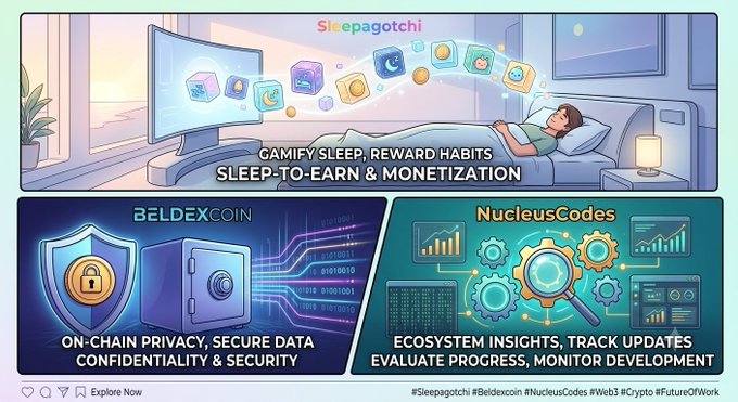A graphic advertisement features 'Sleepagotchi' with text 'CAMIFY SLEEP, REWARD HABITS SLEEP-TO-EARN & MONETIZATION', alongside sections for 'BeLDexCOIN' and 'NucleusCodes' with tags #Sleepagotchi #Beldexcoin #NucleusCodes #Web3 #Crypto.