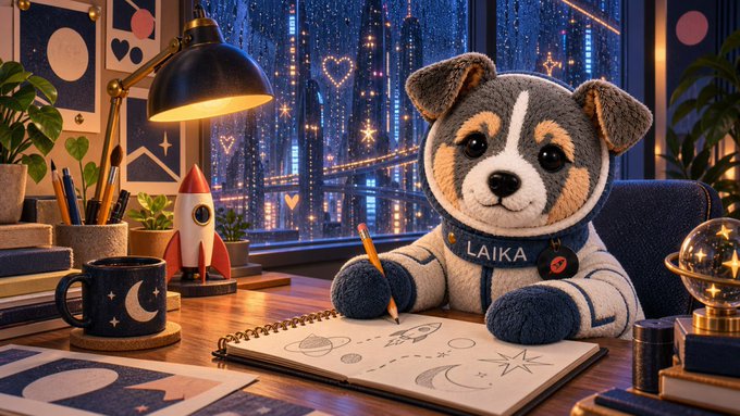 An illustrated scene of a stuffed puppy wearing a space suit with "LAIKA" written on it, sitting at a desk sketching in a notebook by a rainy window with a city skyline view.