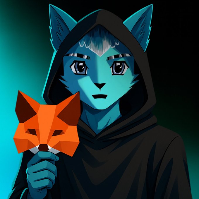 A digital illustration of an anthropomorphic blue fox-like character wearing a black hooded cloak, holding up an orange fox mask against a teal and black gradient background.