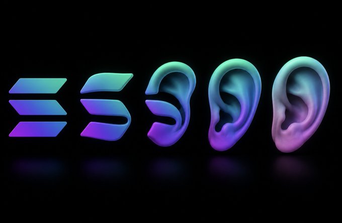 A gradient "ESEOO" logo with three human ear illustrations on a black background. The image visually represents Solana's claim of being "The Blockchain That Listens," using ears as a metaphor for founders and teams actively listening to their community.