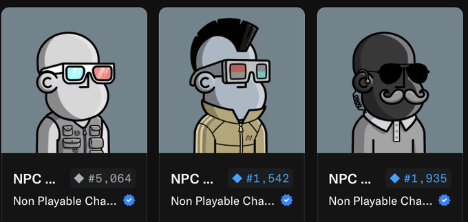 Three NFT character cards labeled 'NPC' from the 'Non Playable Cha...' collection, showing different pixel art characters with prices of #5,064, #1,542, and #1,935.