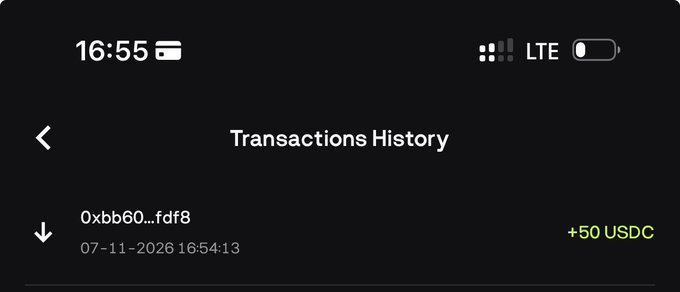 A mobile screenshot of a "Transactions History" screen showing a deposit of +50 USDC with transaction ID "0xbb60...fdf8" dated 07-11-2026 at 16:54:13, which corroborates the $50 payment received via BloFinWallet.
