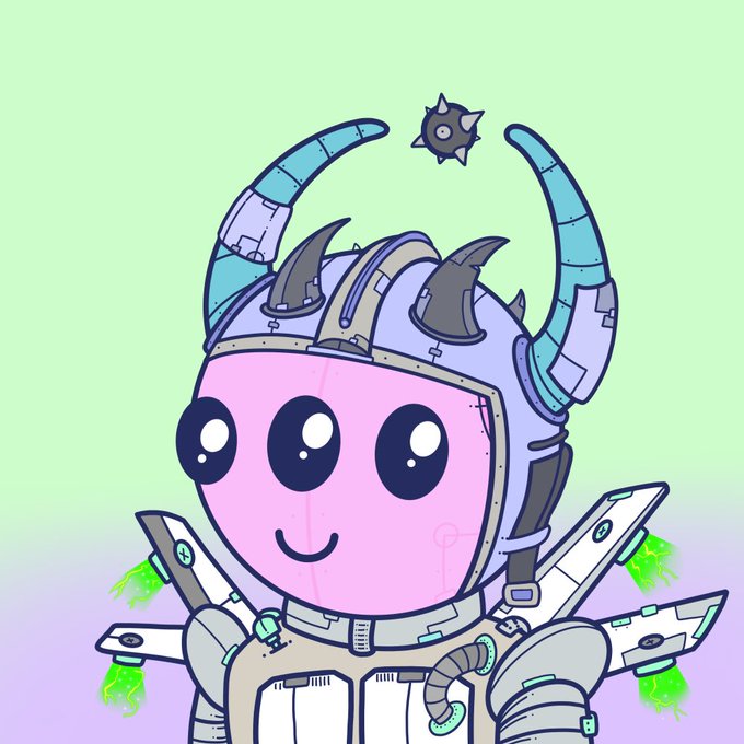A robot-like character with a pink face, three eyes, and blue horns wears a metallic helmet and armor, set against a pastel gradient background with a spiked ball floating above.