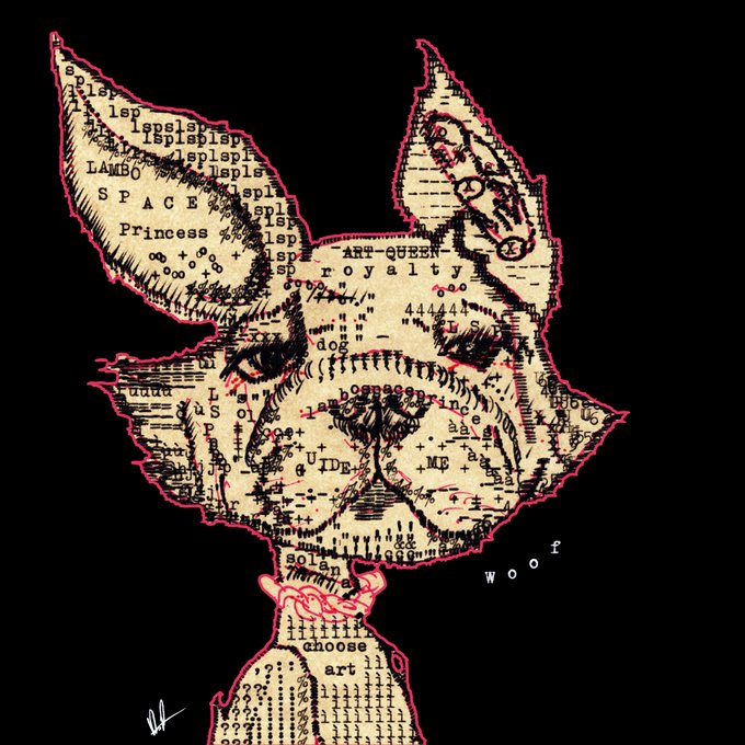 The image is a stylized illustration of a Doberman dog's head and neck, rendered in a text-collage style with various words and phrases embedded in the artwork, including "Lambo," "Space Princess," "Princess," "Art," "Queen," "royalty," "dog," and "woof" written near the dog's mouth. The accompanying caption about the "first artist coin listed on mallow since Lambo Space Princess" connects to the visible text in the image, suggesting the artwork celebrates or references the Lambo Space Princess token while paying tribute to @wetikos as an inspiration.