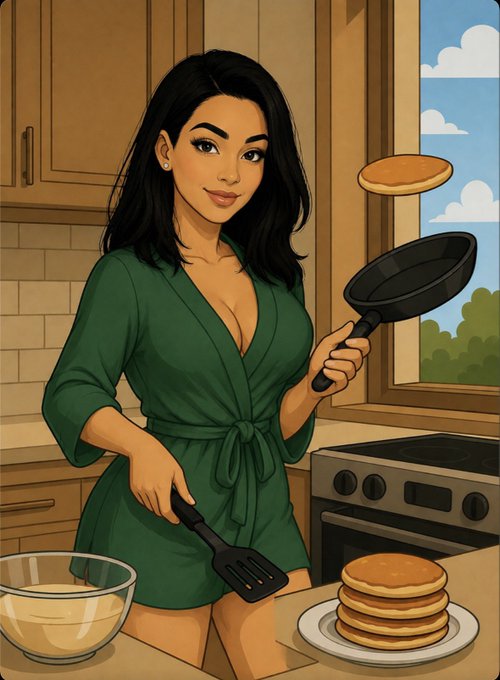 A young woman in a green robe flips a pancake with a skillet in a sunny kitchen, with a stack of golden pancakes waiting on the counter. The image cleverly mirrors the post's wordplay—her green outfit and flipping pancakes visually echo the "green today" market theme and the "flipping charts" metaphor.