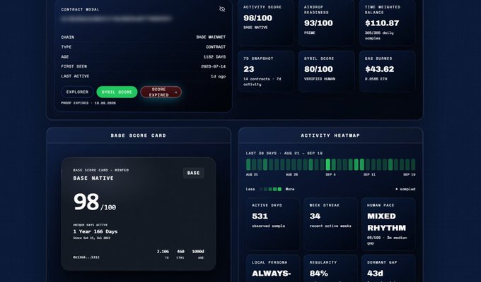 A dark-themed dashboard displays a wallet scan for a "BASE NATIVE" wallet with a score of 98/100, $110.87 in time-weighted balance, and a Sybil score of 80/100 (verified human), alongside a Base Score Card showing 1 Year 166 Days since first activity and a 34-week activity streak. The interface also features an activity heatmap spanning late August to mid-September, reinforcing the post's message that users with $BASE can review wallet statistics, Sybil reputation, and balance metrics at voltplayground.xyz/walletscan.