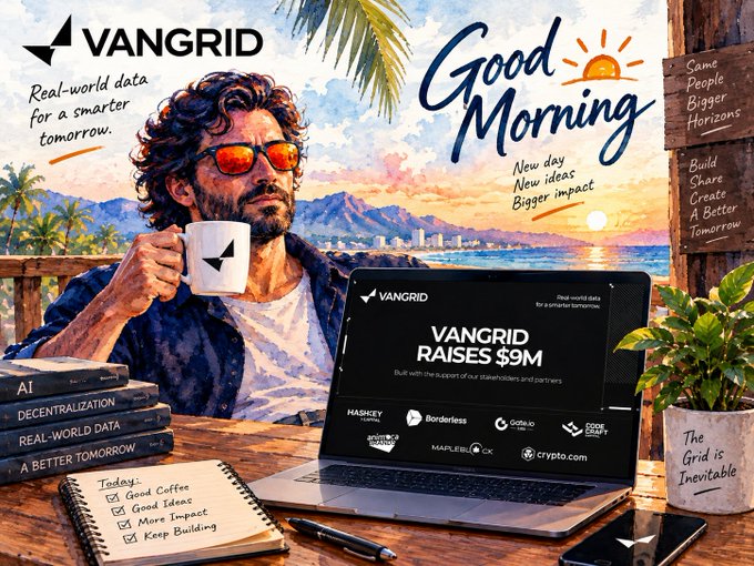 Stylized illustration for VanGrid featuring a bearded man in sunglasses holding a coffee mug, with text promoting their $9M funding raise and partnerships with Haskey, Borderless, Solana, and others.