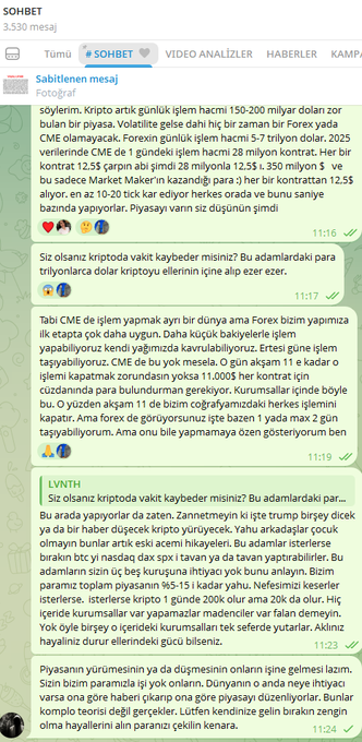 A screenshot of a Telegram group chat called "SOHBET" showing a series of messages about Forex trading, gold/ounce contracts, and CME market analysis, with visible times between 11:16 and 11:24. The conversation discusses investment strategies, market values, and a "Temiz Trade" group link, aligning with the post's invitation to discuss trading insights in the group.