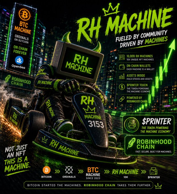 A promotional graphic for 'RH MACHINE' featuring a go-kart driver with a computer monitor for a head, advertising Bitcoin Ordinals NFT machines with green neon styling.