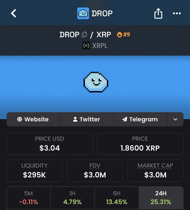 A cryptocurrency tracking interface showing "DROP" (XRPL) trading at $3.04 USD and 1.86 XRP, with a $3.0M market cap and $3.0M FDV reflecting the poster's milestone of reaching a $3,000,000 market cap for their XRP meme coin project. The token displays a 25.31% gain over 24 hours, supporting the post's bullish "HIGHER BROS" sentiment.