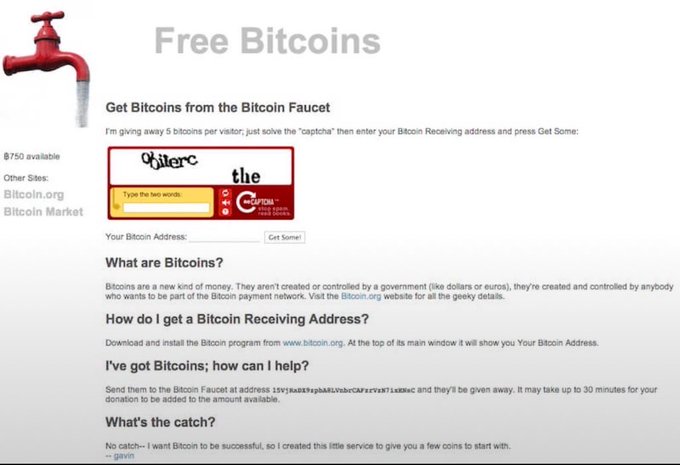 The image shows a computer screen displaying a website called "Bitcoin Faucet" with a red faucet icon, which indicates that the user has access to Bitcoin mining services. The website appears to be offering free Bitcoins for anyone who can solve a captcha or answer a question correctly. The post suggests that there is a Bitcoin faucet available and encourages users to claim their Bitcoins by filling out the provided information on the screen.