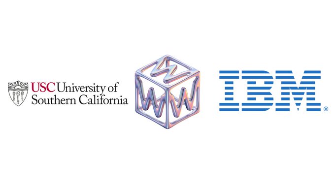 The image displays the logos of the University of Southern California (USC) and IBM flanking a 3D wireframe cube with wavy lines, visually representing the partnership mentioned in the post to build the "Agent Economy" infrastructure combining USC's academic expertise with IBM's security technology.