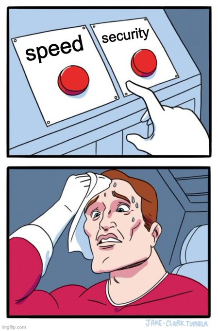 The meme shows a sweating man being forced to choose between two buttons labeled "speed" and "security," but the accompanying caption reframes it as outdated thinking—arguing that with the Ledger Wallet, users no longer have to sacrifice one for the other, gaining both speed and security simultaneously.