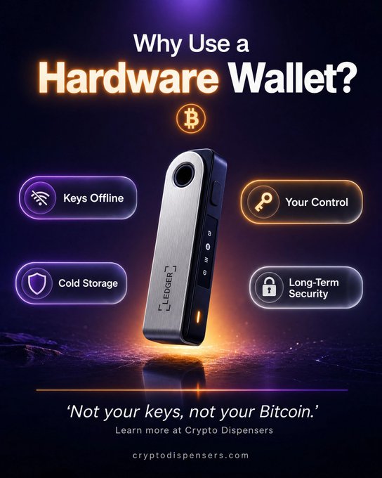 A promotional image for a hardware crypto wallet (Ledger) with the headline 'Why Use a Hardware Wallet?' highlighting features like 'Keys Offline,' 'Cold Storage,' 'Your Control,' and 'Long-Term Security,' with the tagline 'Not your keys, not your Bitcoin.' from Crypto Dispensers.