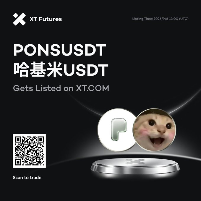 A promotional graphic from XT Futures announcing the listing of the 'PONSUSDT' meme coin (哈基米USDT) on XT.COM, featuring a cat meme face and a QR code with a listing time of 2024/9/6 13:00 (UTC).