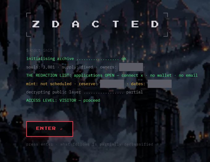 A dark, cyberpunk-style interface titled 'ZDACTED' displaying system messages like 'initialising archive' and 'ACCESS LEVEL: VISITOR - proceed,' with an 'ENTER' button.