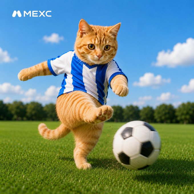 A MEXC-branded image featuring an orange tabby cat in a blue and white striped soccer jersey kicking a black and white soccer ball on a grassy field.