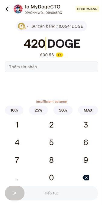 A mobile crypto wallet screen showing a Dogecoin (DOGE) transfer interface for 'MyDogeCTO' (Dobermann), attempting to send 420 DOGE ($30.56) from a balance of 10,654.1 DOGE, with 'Insufficient balance' displayed.