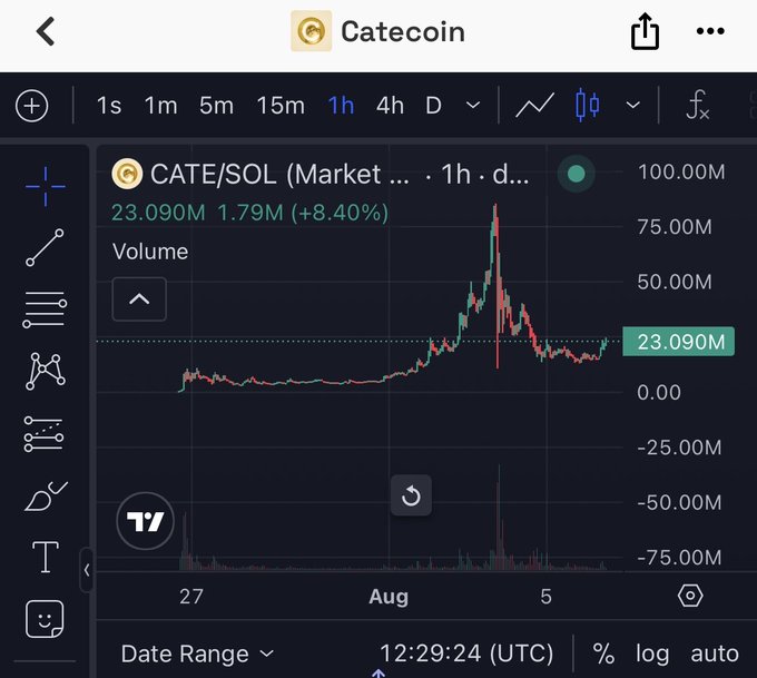 A TradingView chart of CATE/SOL on a 1-hour timeframe shows the token peaking near 100M before sharply declining to 23.090M, down 8.40%, supporting the post's claim that the price dropped significantly and illustrating the "bagworking" volatility the author attributes to intense community attention and speculation.