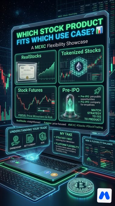 A digital graphic titled 'WHICH STOCK PRODUCT FITS WHICH USE CASE? - A MEXC Flexibility Showcase' featuring sections for RealStocks, Tokenized Stocks, Stock Futures, and Pre-IPO, with hashtags like #MEXC #Stocks #StockTrading.