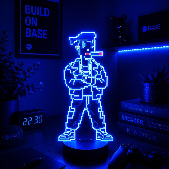 A glowing blue pixel-art LED lamp of a soldier dominates a dimly lit desk scene, surrounded by Base branding ("BUILD ON BASE"), a digital clock reading "22:30," books like "The Psychology of Money" and "KINFOLK," and a controller—capturing the relaxed, "no plans" gaming-on-Base vibe the post conveys.