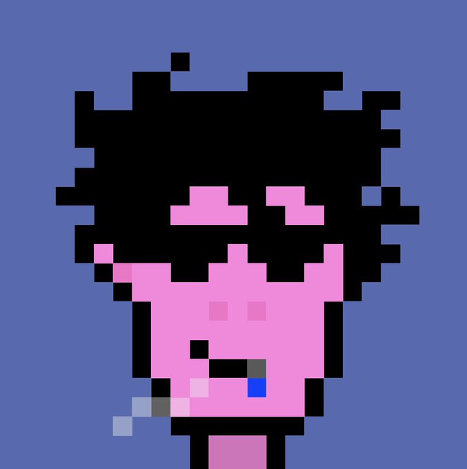 A pixel art character with a pink face and large, wild black hair smoking a cigarette, set against a solid blue background.