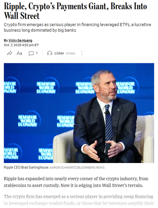A news article titled 'Ripple, Crypto's Payments Giant, Breaks Into Wall Street' by Vicky Ge Huang, featuring a photo of Ripple CEO Brad Garlinghouse at the Semafor World Economy Summit.