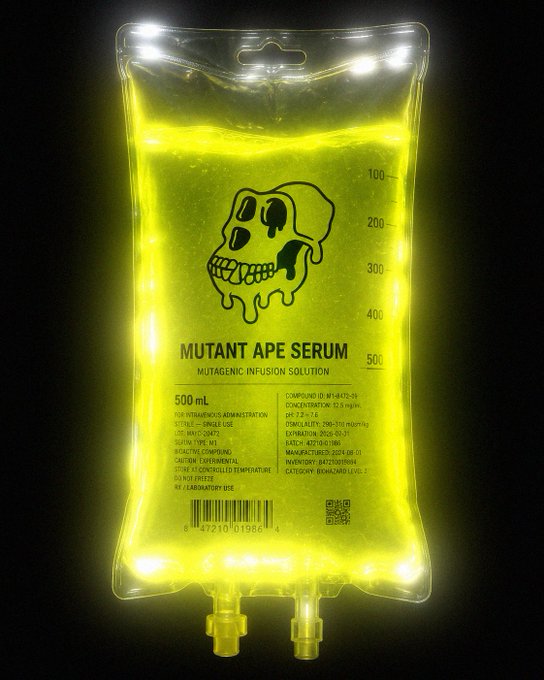 A neon yellow illuminated IV-style bag labeled 'MUTANT APE SERUM' with 'Mutagenic Infusion Solution' and 500 mL capacity, featuring a dripping skull logo in the style of Bored Ape Yacht Club NFT merchandise.